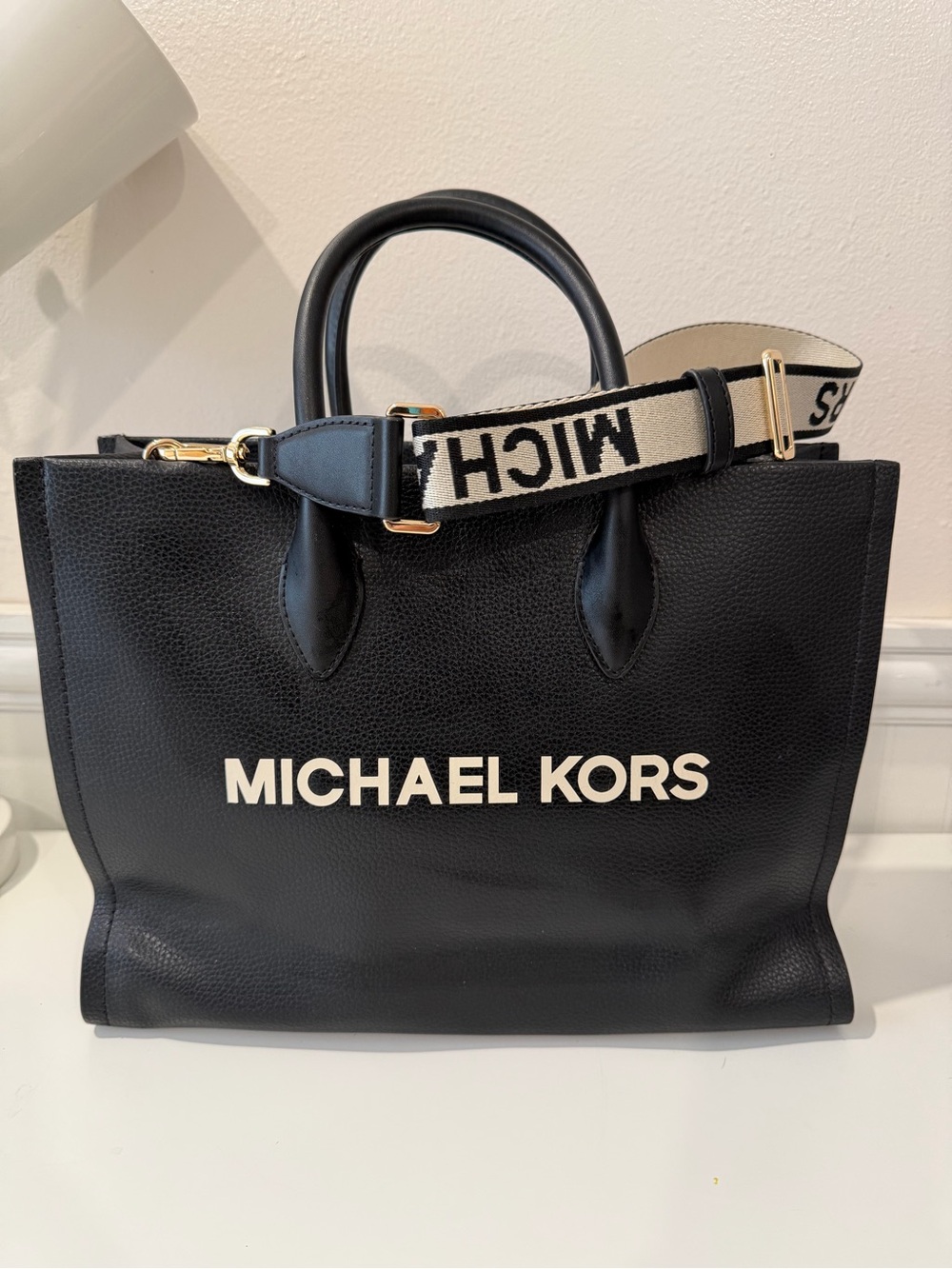 Michael Kors Black Logo Tote with Contrast Canvas Strap